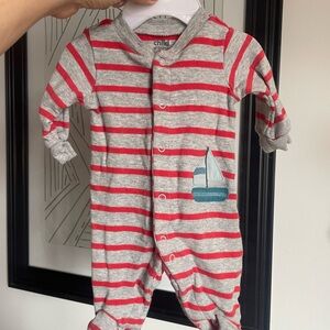 3/$12 Carter's Gray and Red Striped Sailboat Footie